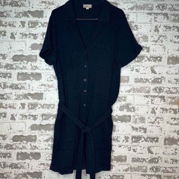 Loft | women navy blue gauzy romper shorts button up - Picture 11 of 12